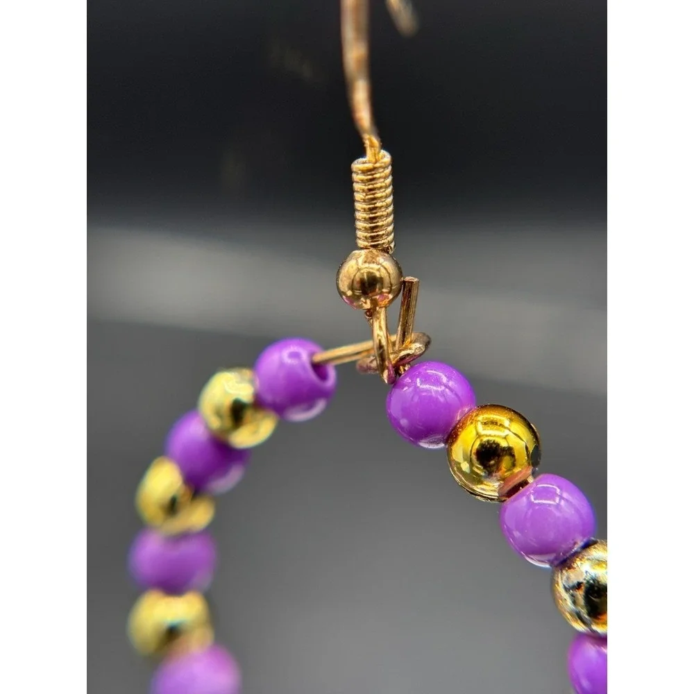 Vintage 80s 90s Y2K Purple & Gold Beaded Hoop Earrings Retro Fun Statement Style